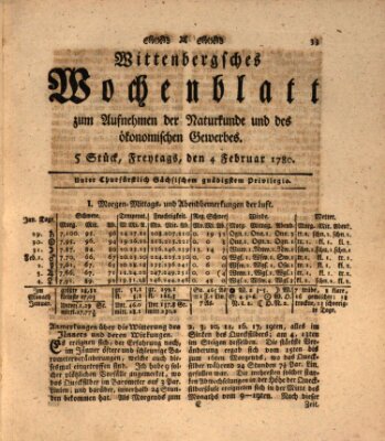 Wittenbergsches Wochenblatt zum Aufnehmen der Naturkunde und des ökonomischen Gewerbes Freitag 4. Februar 1780