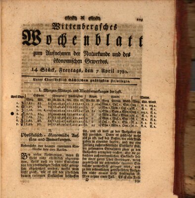 Wittenbergsches Wochenblatt zum Aufnehmen der Naturkunde und des ökonomischen Gewerbes Freitag 7. April 1780