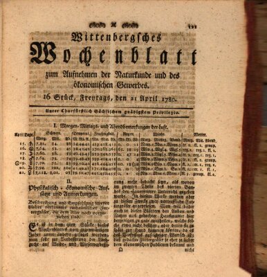 Wittenbergsches Wochenblatt zum Aufnehmen der Naturkunde und des ökonomischen Gewerbes Freitag 21. April 1780