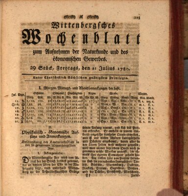 Wittenbergsches Wochenblatt zum Aufnehmen der Naturkunde und des ökonomischen Gewerbes Freitag 21. Juli 1780