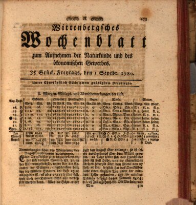 Wittenbergsches Wochenblatt zum Aufnehmen der Naturkunde und des ökonomischen Gewerbes Freitag 1. September 1780