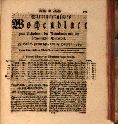 Wittenbergsches Wochenblatt zum Aufnehmen der Naturkunde und des ökonomischen Gewerbes Dienstag 19. September 1780