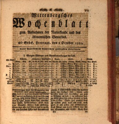 Wittenbergsches Wochenblatt zum Aufnehmen der Naturkunde und des ökonomischen Gewerbes Freitag 6. Oktober 1780