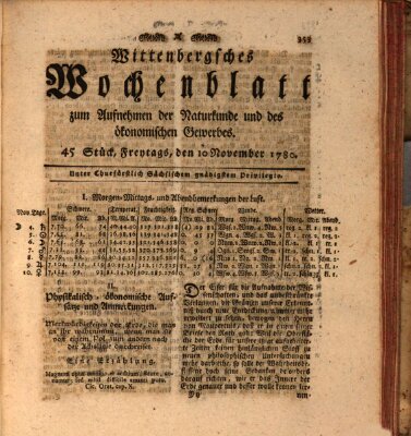 Wittenbergsches Wochenblatt zum Aufnehmen der Naturkunde und des ökonomischen Gewerbes Freitag 10. November 1780