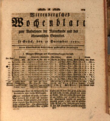 Wittenbergsches Wochenblatt zum Aufnehmen der Naturkunde und des ökonomischen Gewerbes Sonntag 31. Dezember 1780