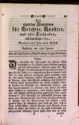 Täglicher Neuigkeiten für Gelehrte, Künstler und ihre Liebhaber Samstag 13. Januar 1759