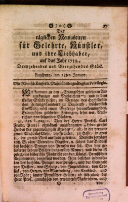 Täglicher Neuigkeiten für Gelehrte, Künstler und ihre Liebhaber Donnerstag 18. Januar 1759