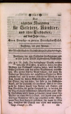 Täglicher Neuigkeiten für Gelehrte, Künstler und ihre Liebhaber Freitag 9. Februar 1759