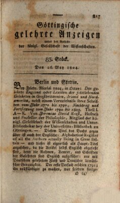 Göttingische gelehrte Anzeigen (Göttingische Zeitungen von gelehrten Sachen) Samstag 26. Mai 1804