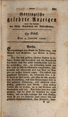 Göttingische gelehrte Anzeigen (Göttingische Zeitungen von gelehrten Sachen) Montag 4. Juni 1804