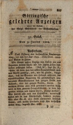 Göttingische gelehrte Anzeigen (Göttingische Zeitungen von gelehrten Sachen) Samstag 9. Juni 1804