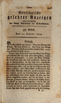 Göttingische gelehrte Anzeigen (Göttingische Zeitungen von gelehrten Sachen) Montag 11. Juni 1804