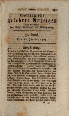 Göttingische gelehrte Anzeigen (Göttingische Zeitungen von gelehrten Sachen) Samstag 16. Juni 1804