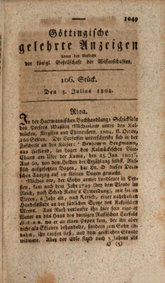 Göttingische gelehrte Anzeigen (Göttingische Zeitungen von gelehrten Sachen) Donnerstag 5. Juli 1804