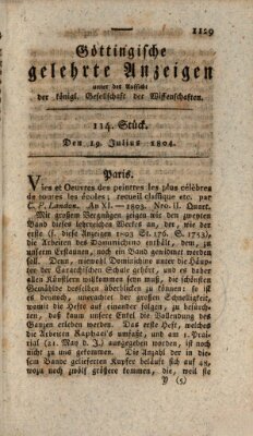 Göttingische gelehrte Anzeigen (Göttingische Zeitungen von gelehrten Sachen) Donnerstag 19. Juli 1804