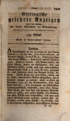 Göttingische gelehrte Anzeigen (Göttingische Zeitungen von gelehrten Sachen) Donnerstag 6. September 1804