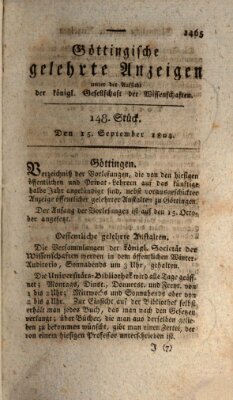 Göttingische gelehrte Anzeigen (Göttingische Zeitungen von gelehrten Sachen) Samstag 15. September 1804