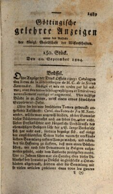 Göttingische gelehrte Anzeigen (Göttingische Zeitungen von gelehrten Sachen) Donnerstag 20. September 1804