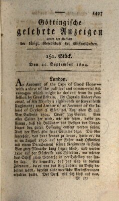 Göttingische gelehrte Anzeigen (Göttingische Zeitungen von gelehrten Sachen) Samstag 22. September 1804