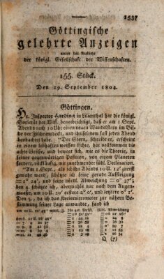 Göttingische gelehrte Anzeigen (Göttingische Zeitungen von gelehrten Sachen) Samstag 29. September 1804