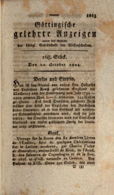 Göttingische gelehrte Anzeigen (Göttingische Zeitungen von gelehrten Sachen) Samstag 20. Oktober 1804