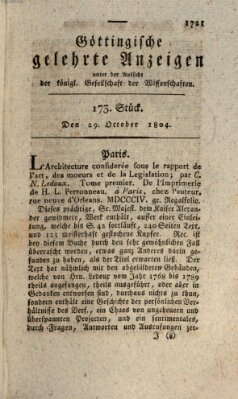 Göttingische gelehrte Anzeigen (Göttingische Zeitungen von gelehrten Sachen) Montag 29. Oktober 1804