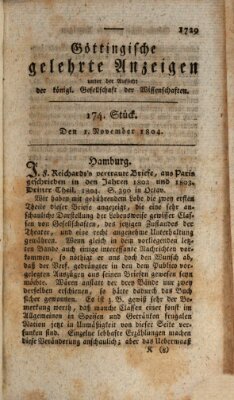 Göttingische gelehrte Anzeigen (Göttingische Zeitungen von gelehrten Sachen) Donnerstag 1. November 1804