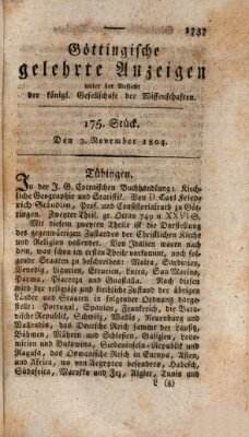 Göttingische gelehrte Anzeigen (Göttingische Zeitungen von gelehrten Sachen) Samstag 3. November 1804