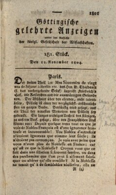 Göttingische gelehrte Anzeigen (Göttingische Zeitungen von gelehrten Sachen) Montag 12. November 1804