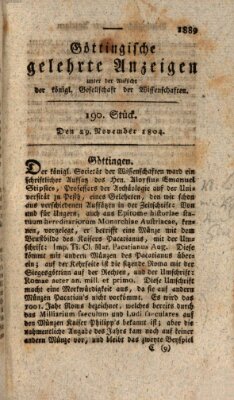Göttingische gelehrte Anzeigen (Göttingische Zeitungen von gelehrten Sachen) Donnerstag 29. November 1804