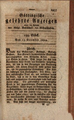 Göttingische gelehrte Anzeigen (Göttingische Zeitungen von gelehrten Sachen) Samstag 15. Dezember 1804