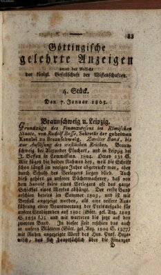 Göttingische gelehrte Anzeigen (Göttingische Zeitungen von gelehrten Sachen) Montag 7. Januar 1805