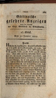 Göttingische gelehrte Anzeigen (Göttingische Zeitungen von gelehrten Sachen) Donnerstag 31. Januar 1805