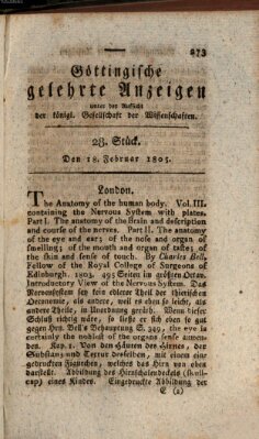 Göttingische gelehrte Anzeigen (Göttingische Zeitungen von gelehrten Sachen) Montag 18. Februar 1805