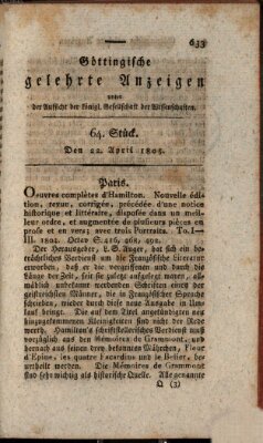 Göttingische gelehrte Anzeigen (Göttingische Zeitungen von gelehrten Sachen) Montag 22. April 1805