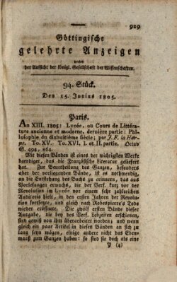 Göttingische gelehrte Anzeigen (Göttingische Zeitungen von gelehrten Sachen) Samstag 15. Juni 1805