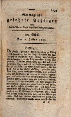 Göttingische gelehrte Anzeigen (Göttingische Zeitungen von gelehrten Sachen) Montag 1. Juli 1805