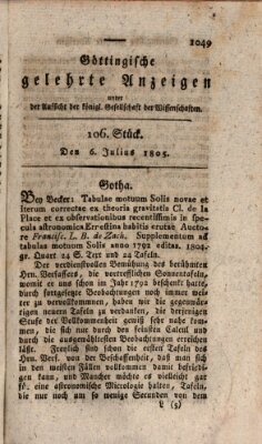 Göttingische gelehrte Anzeigen (Göttingische Zeitungen von gelehrten Sachen) Samstag 6. Juli 1805