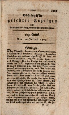 Göttingische gelehrte Anzeigen (Göttingische Zeitungen von gelehrten Sachen) Donnerstag 11. Juli 1805