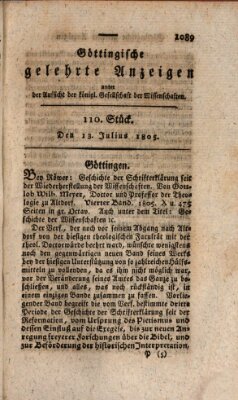 Göttingische gelehrte Anzeigen (Göttingische Zeitungen von gelehrten Sachen) Samstag 13. Juli 1805