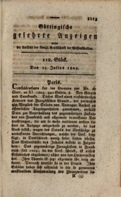 Göttingische gelehrte Anzeigen (Göttingische Zeitungen von gelehrten Sachen) Montag 15. Juli 1805