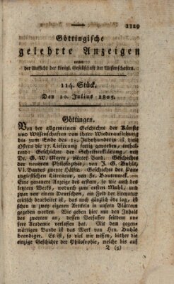 Göttingische gelehrte Anzeigen (Göttingische Zeitungen von gelehrten Sachen) Samstag 20. Juli 1805