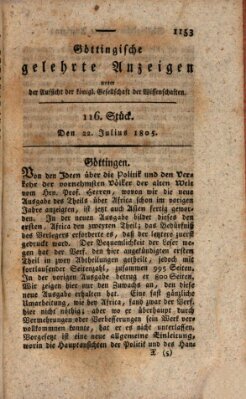 Göttingische gelehrte Anzeigen (Göttingische Zeitungen von gelehrten Sachen) Montag 22. Juli 1805