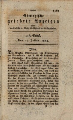 Göttingische gelehrte Anzeigen (Göttingische Zeitungen von gelehrten Sachen) Samstag 27. Juli 1805