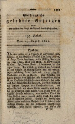 Göttingische gelehrte Anzeigen (Göttingische Zeitungen von gelehrten Sachen) Donnerstag 29. August 1805