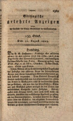 Göttingische gelehrte Anzeigen (Göttingische Zeitungen von gelehrten Sachen) Samstag 31. August 1805