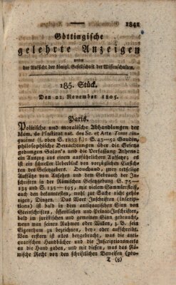 Göttingische gelehrte Anzeigen (Göttingische Zeitungen von gelehrten Sachen) Donnerstag 21. November 1805
