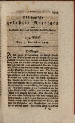 Göttingische gelehrte Anzeigen (Göttingische Zeitungen von gelehrten Sachen) Samstag 7. Dezember 1805