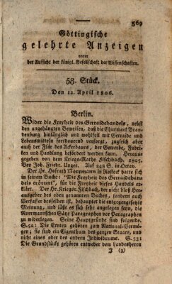 Göttingische gelehrte Anzeigen (Göttingische Zeitungen von gelehrten Sachen) Samstag 12. April 1806