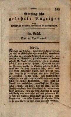 Göttingische gelehrte Anzeigen (Göttingische Zeitungen von gelehrten Sachen) Montag 14. April 1806